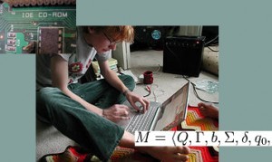 three images collaged together: a stick of RAM, a person working on a laptop, and the mathematical definition of a turning machine