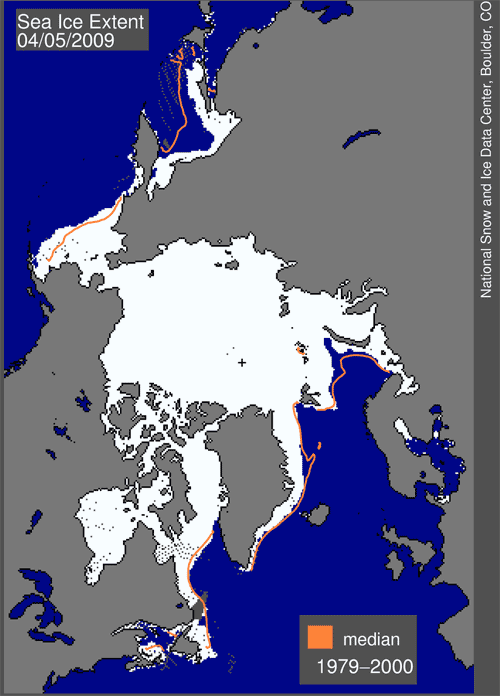 Arctic Sea Ice, geographic extent, April 2009