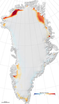 Chart showing extreme melting of Greenland ice sheet in 2008.  Source: NASA Earth Observatory