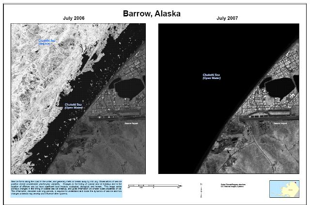 barrow_640x480 Taken exactly 12 months apart, these images show that between July 2006 and July 2007, ice all but vanished off the coast of Barrow, Alaska.