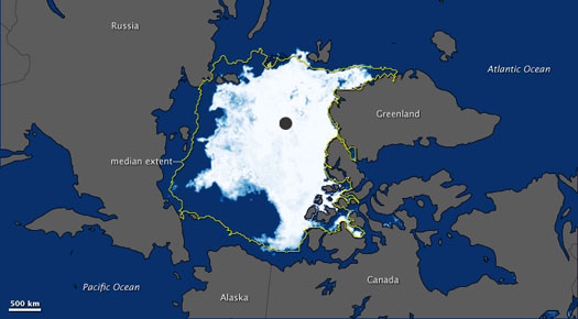 North Pole sea ice extent on Sept. 12, 2009. NASA images created by Jesse Allen and Rob Simmon, using AMSR-E sea ice concentration data provided courtesy of the National Snow and Ice Data Center.