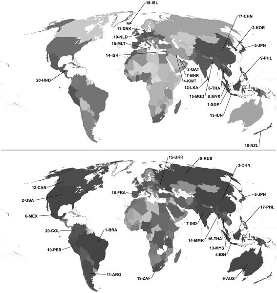 Relative rank of countries by proportional and absolute environmental impact.