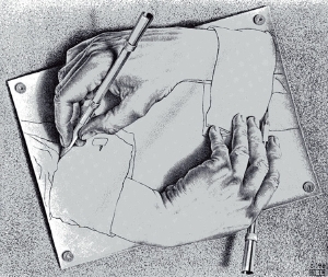 etching by M.C. Escher where two hands are drawing each other
