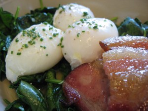 Spinach, eggs, bacon; by inuyaki