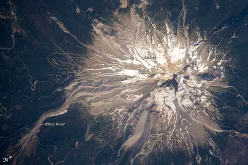 mthood2009 Aerial view of Mt. Hood, in Oregon, shows off shrinking glaciers. Source: NASA