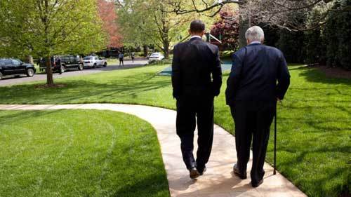 obama_kennedy_walking President Barack Obama and Senator Ted Kennedy walk on the grounds of the White House. White House Photo, Pete Souza, 4/28/09