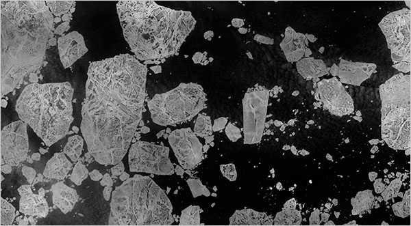 A satellite image (which has been intentionally degraded) of oceanic ice.