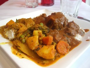 Mutton masala with pumpkin and mixed vegetable curries; by avlxyz