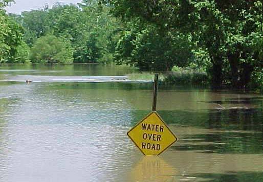 water-road-sign \"Water Over Road\" sign on flooded road