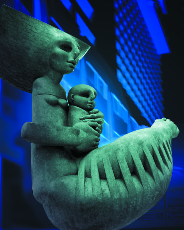 A large greenish, mermaid-like statue of a mother creature holding a child.