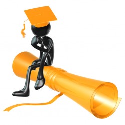 A computer graphic of a black stick figure sits atop a golden diploma wearing a graduation cap. Zie has one elbow resting on a knee and is resting zir chin on a fist.