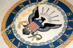 A large sheetcake with the Navy Crest on it, one slice trough the side.